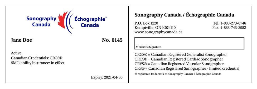 Sonography Canada Active membership card sample